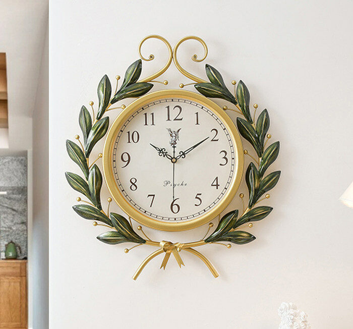 Non-Ticking Gold Wall Clock with Olive Leaves Branch