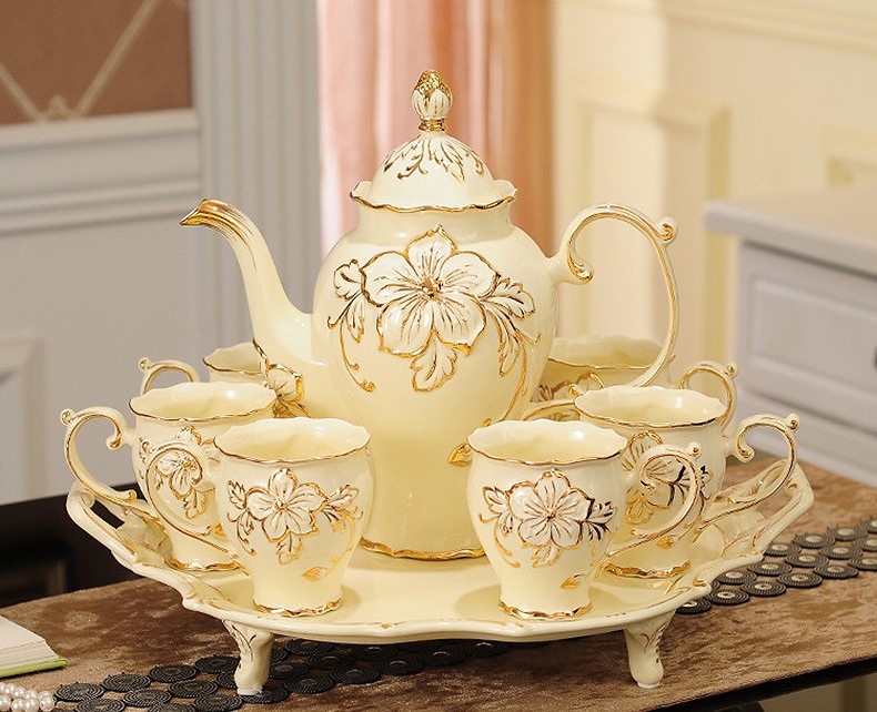 White Ceramic Teacup Set with Gold Flower Carvings | Aesthetic Decor Shop