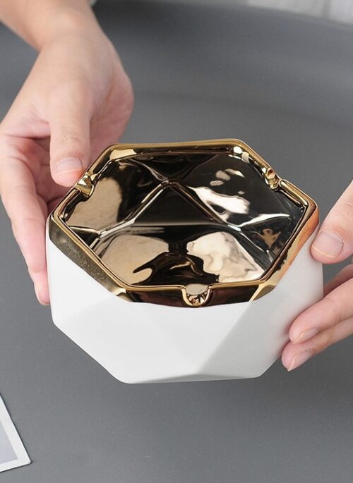 Geometric White Ceramic Ashtray with Gold Detail