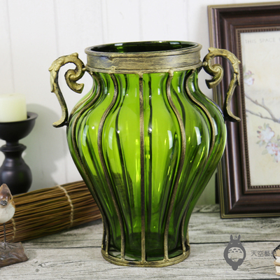 Green Glass Flower Vase with Iron Detailing