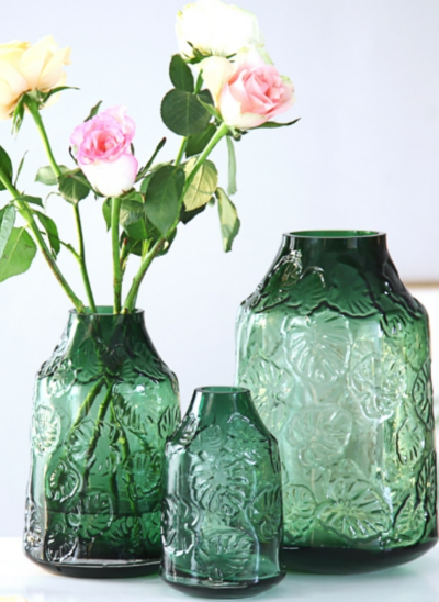 Green Glass Vase with Embossed Leaves Pattern