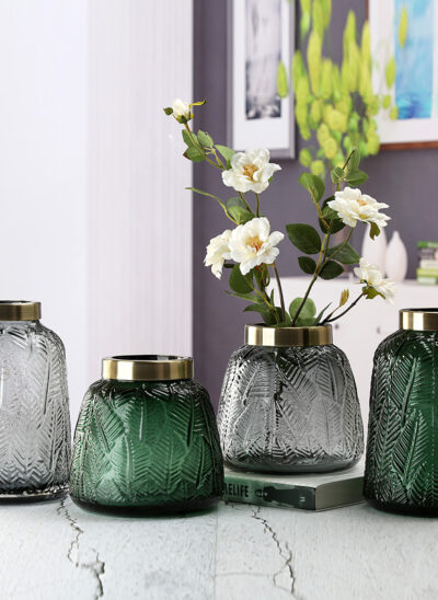 Leaf-embossed Glass Vase with Gold Trim
