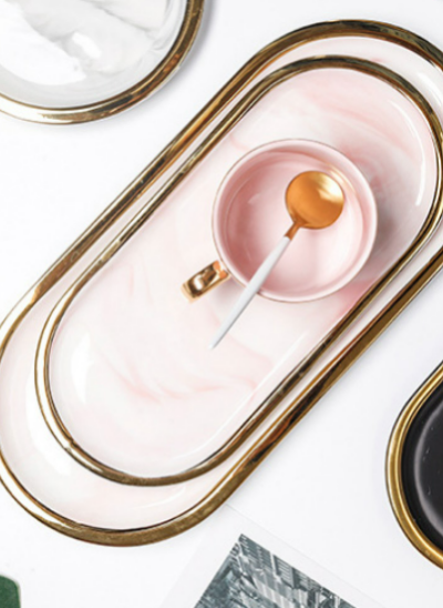 Pink Marble with Gold Lining Oval Tray