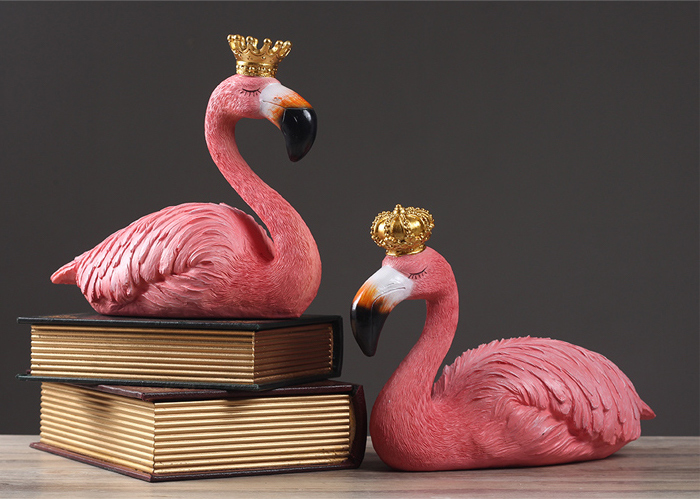 Lifelike Pink Flamingo with Gold Crown Figurines