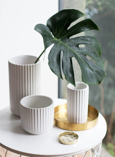 White Reeded Ceramic Cylindrical Vases