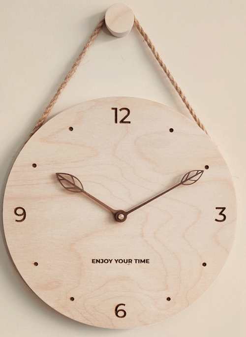 Wooden Round Wall Clock with Leaf Hands and Twine Rope