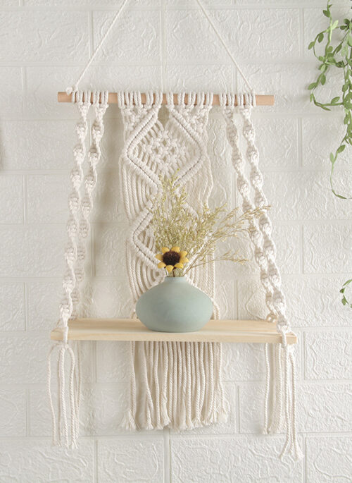 Cotton Rope Macrame with Wooden Shelf