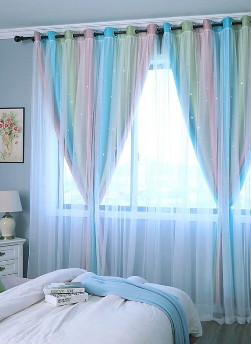 Pastel Pink, Blue, and Green Curtain with Sheer