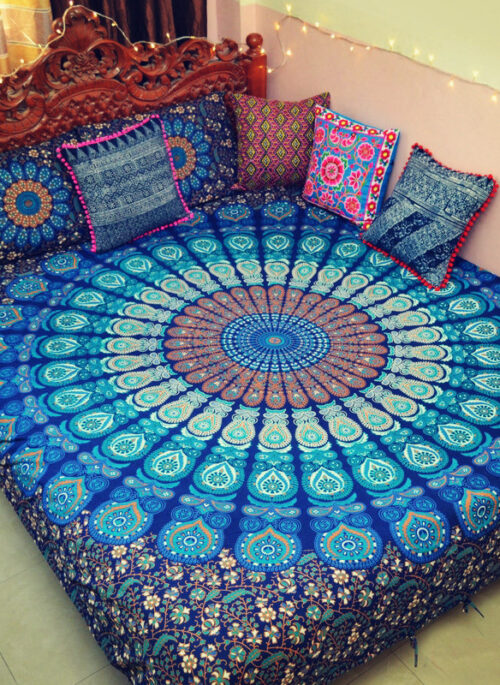 Blue Peacock Feathers Mandala Tapestry