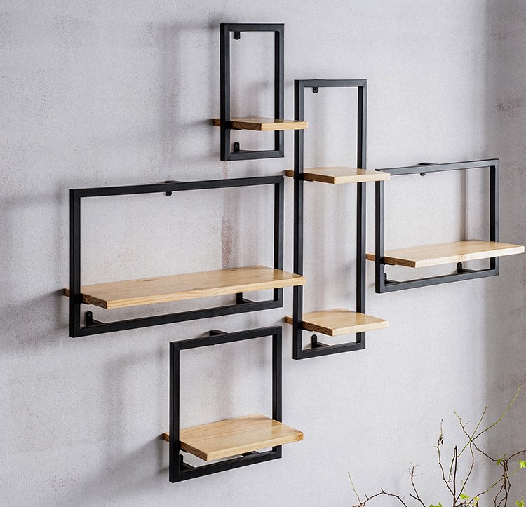 Wooden Floating Shelves with Black Metal Frame | Aesthetic Decor Shop