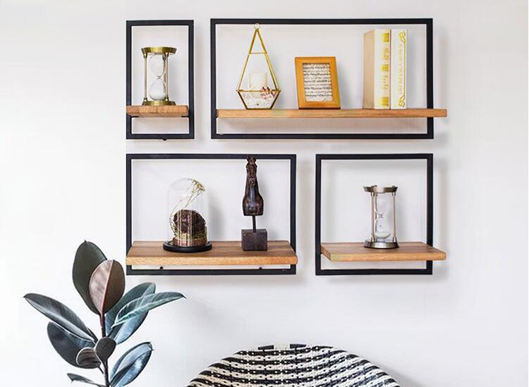 Wooden Floating Shelves With Black Metal Frame 